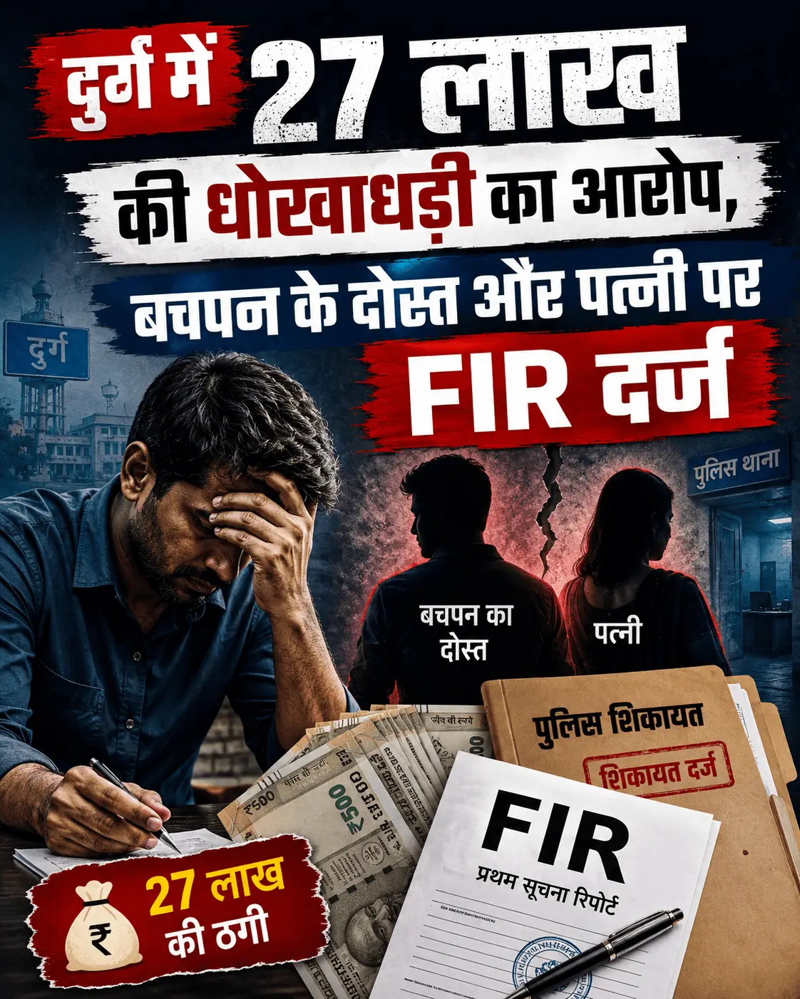 दुर्ग में 27 लाख की धोखाधड़ी, दोस्त और पत्नी पर FIR दर्ज